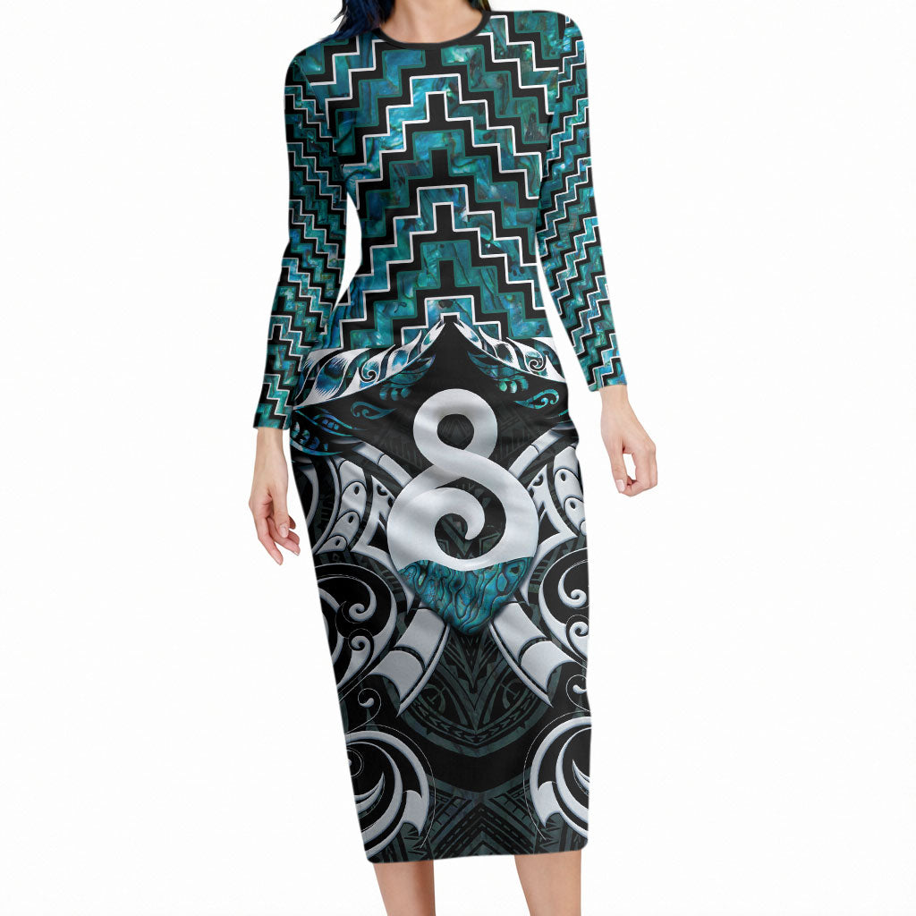 New Zealand Maori Long Sleeve Bodycon Dress Poutama Pikorua - Single Twist Paua Shell LT05 Long Dress Turquoise - Polynesian Pride