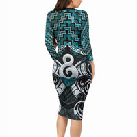 New Zealand Maori Long Sleeve Bodycon Dress Poutama Pikorua - Single Twist Paua Shell LT05 - Polynesian Pride
