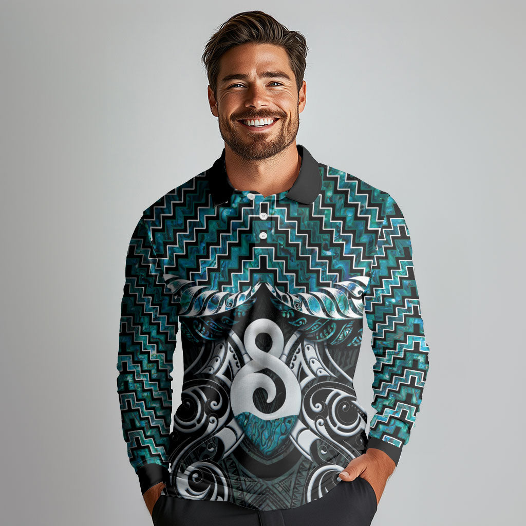 New Zealand Maori Long Sleeve Polo Shirt Poutama Pikorua - Single Twist Paua Shell
