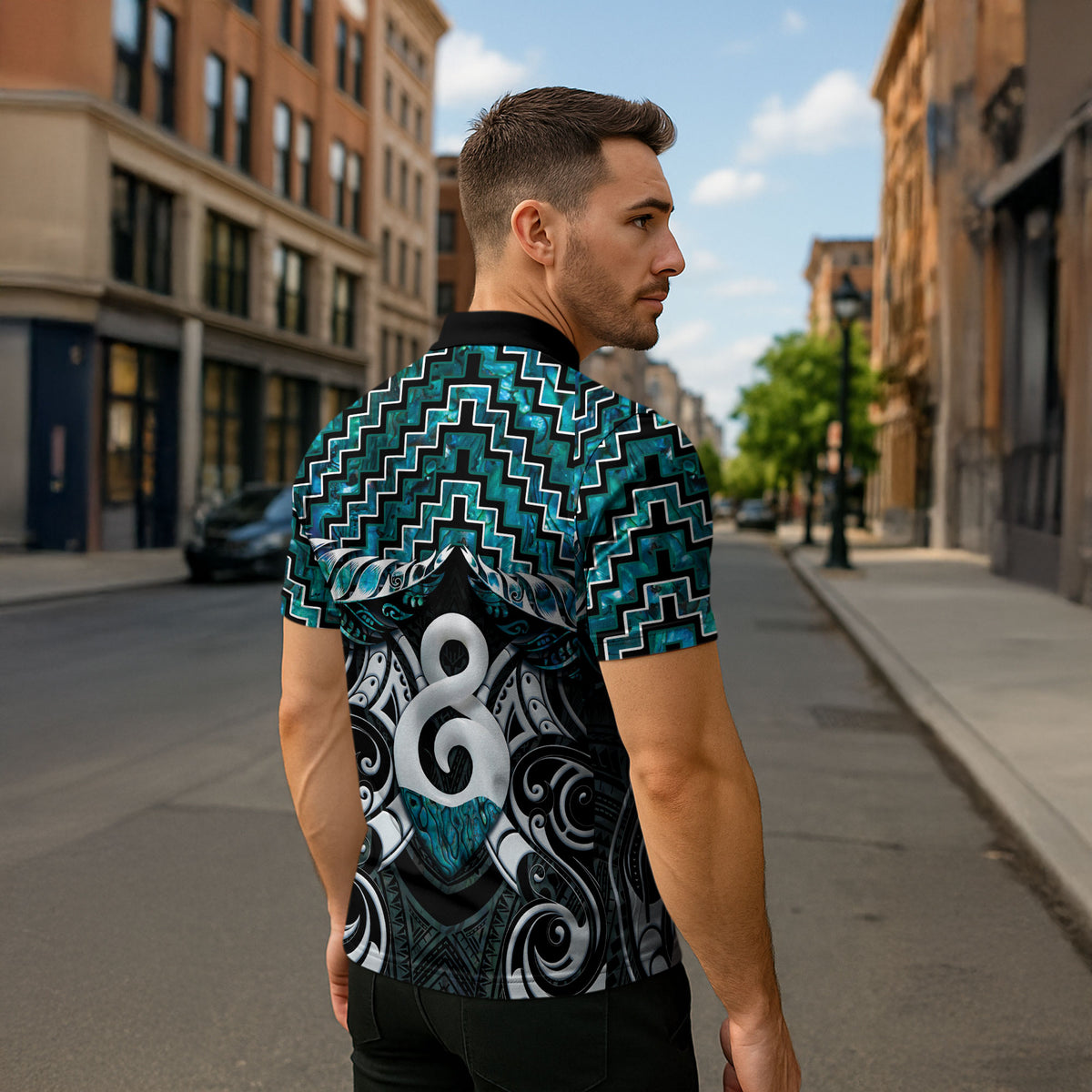 New Zealand Maori Zipper Polo Shirt Poutama Pikorua - Single Twist Paua Shell
