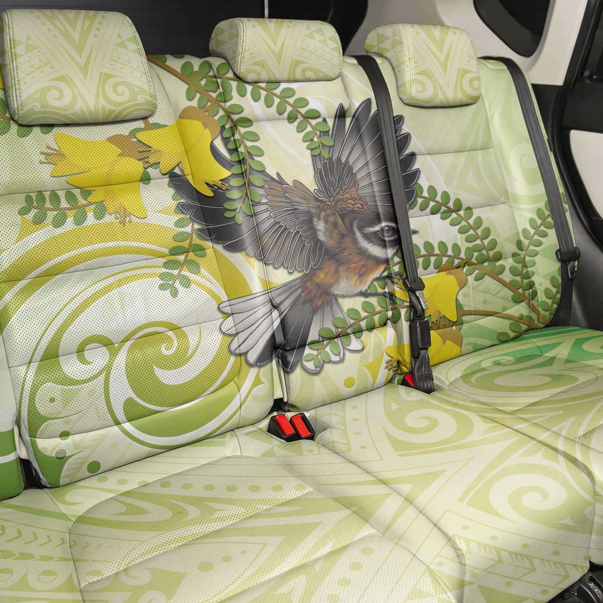New Zealand Piwakawaka Fantail Bird Back Car Seat Cover With Kowhai Flowers LT05 - Polynesian Pride