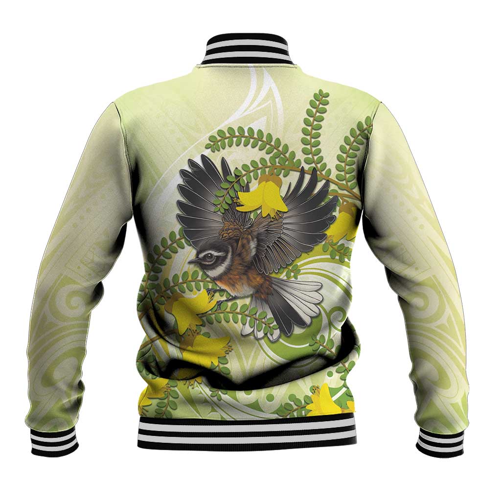 New Zealand Piwakawaka Fantail Bird Baseball Jacket With Kowhai Flowers