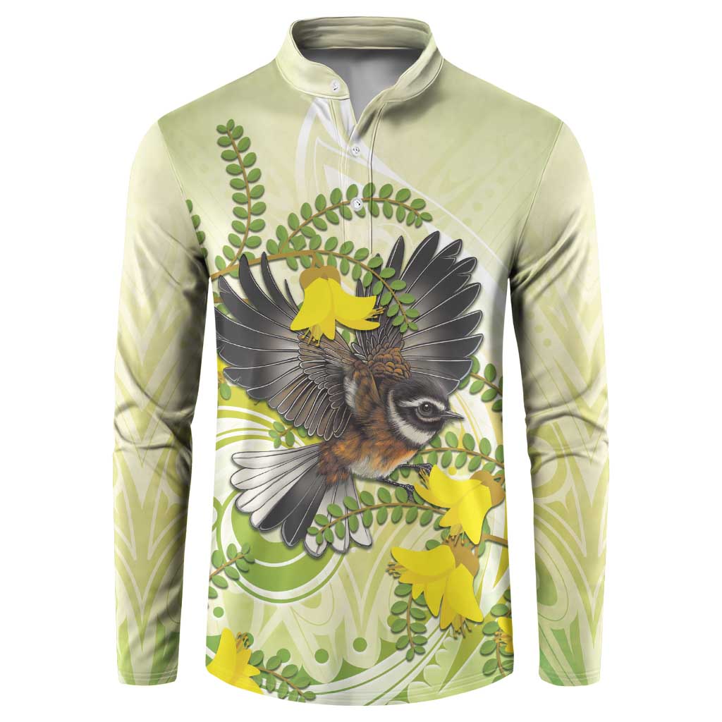 New Zealand Piwakawaka Fantail Bird Button Sweatshirt With Kowhai Flowers