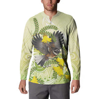 New Zealand Piwakawaka Fantail Bird Button Sweatshirt With Kowhai Flowers