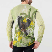 New Zealand Piwakawaka Fantail Bird Button Sweatshirt With Kowhai Flowers