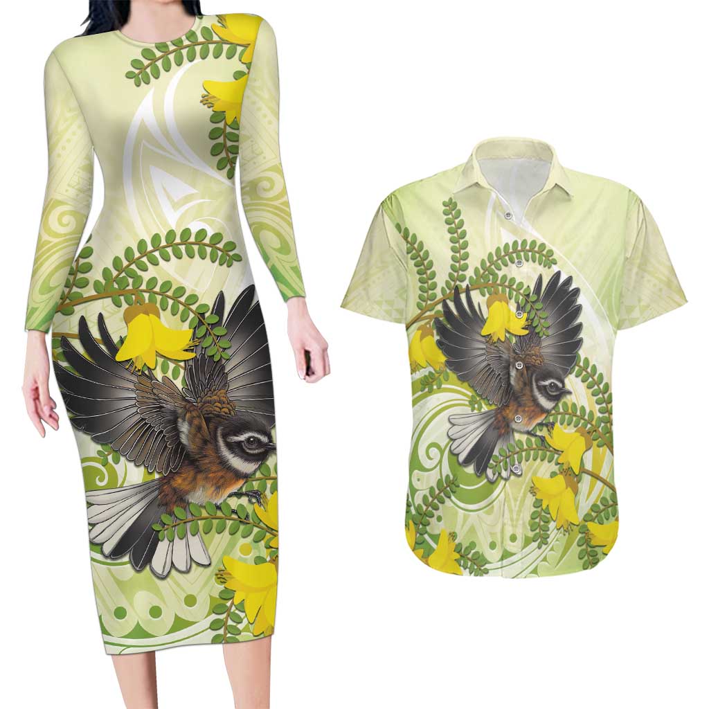 New Zealand Piwakawaka Fantail Bird Couples Matching Long Sleeve Bodycon Dress and Hawaiian Shirt With Kowhai Flowers LT05 Green - Polynesian Pride
