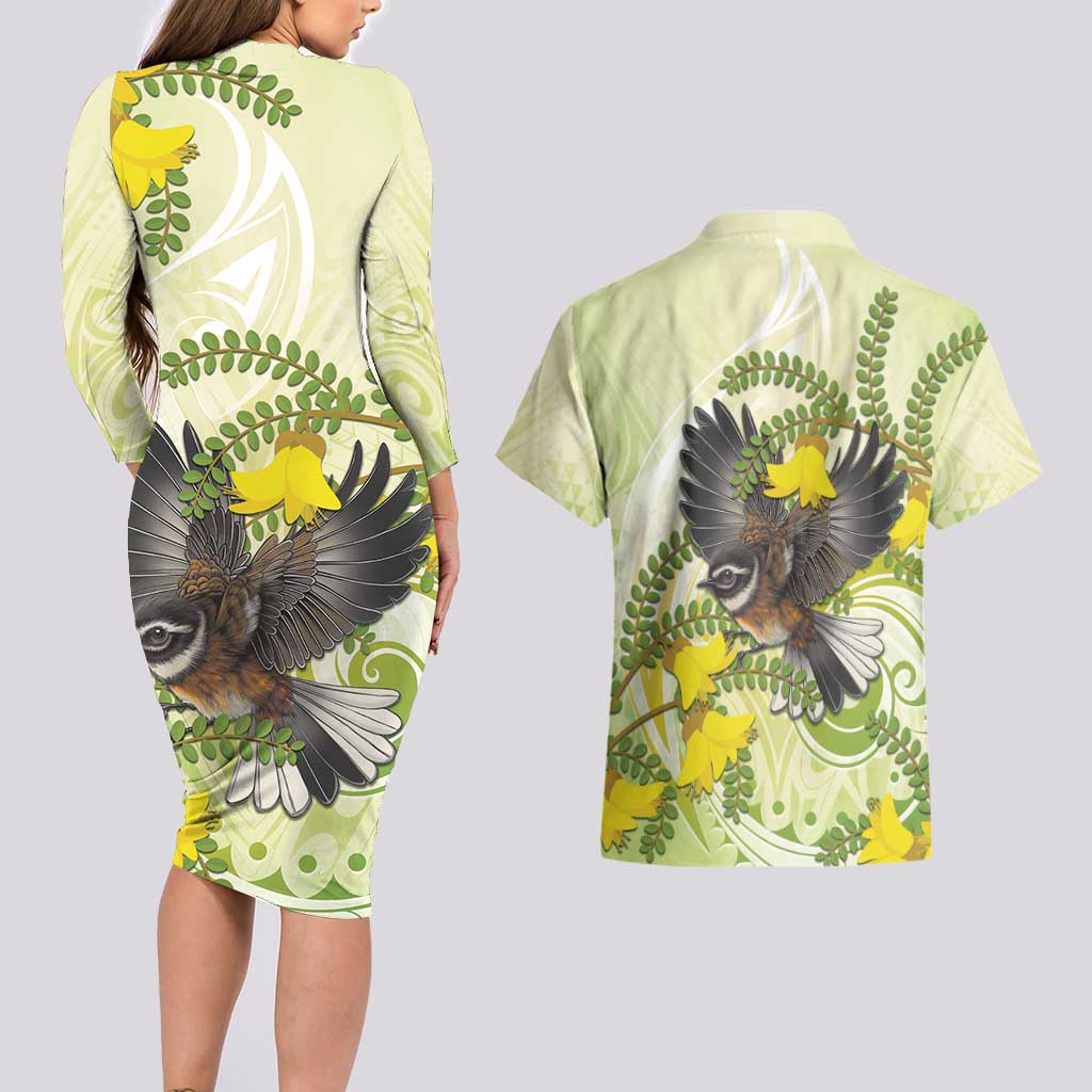 New Zealand Piwakawaka Fantail Bird Couples Matching Long Sleeve Bodycon Dress and Hawaiian Shirt With Kowhai Flowers LT05 - Polynesian Pride