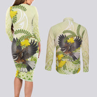 New Zealand Piwakawaka Fantail Bird Couples Matching Long Sleeve Bodycon Dress and Long Sleeve Button Shirt With Kowhai Flowers LT05 - Polynesian Pride
