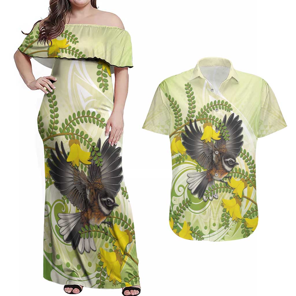 New Zealand Piwakawaka Fantail Bird Couples Matching Off Shoulder Maxi Dress and Hawaiian Shirt With Kowhai Flowers LT05 Green - Polynesian Pride