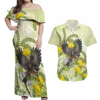 New Zealand Piwakawaka Fantail Bird Couples Matching Off Shoulder Maxi Dress and Hawaiian Shirt With Kowhai Flowers LT05 Green - Polynesian Pride