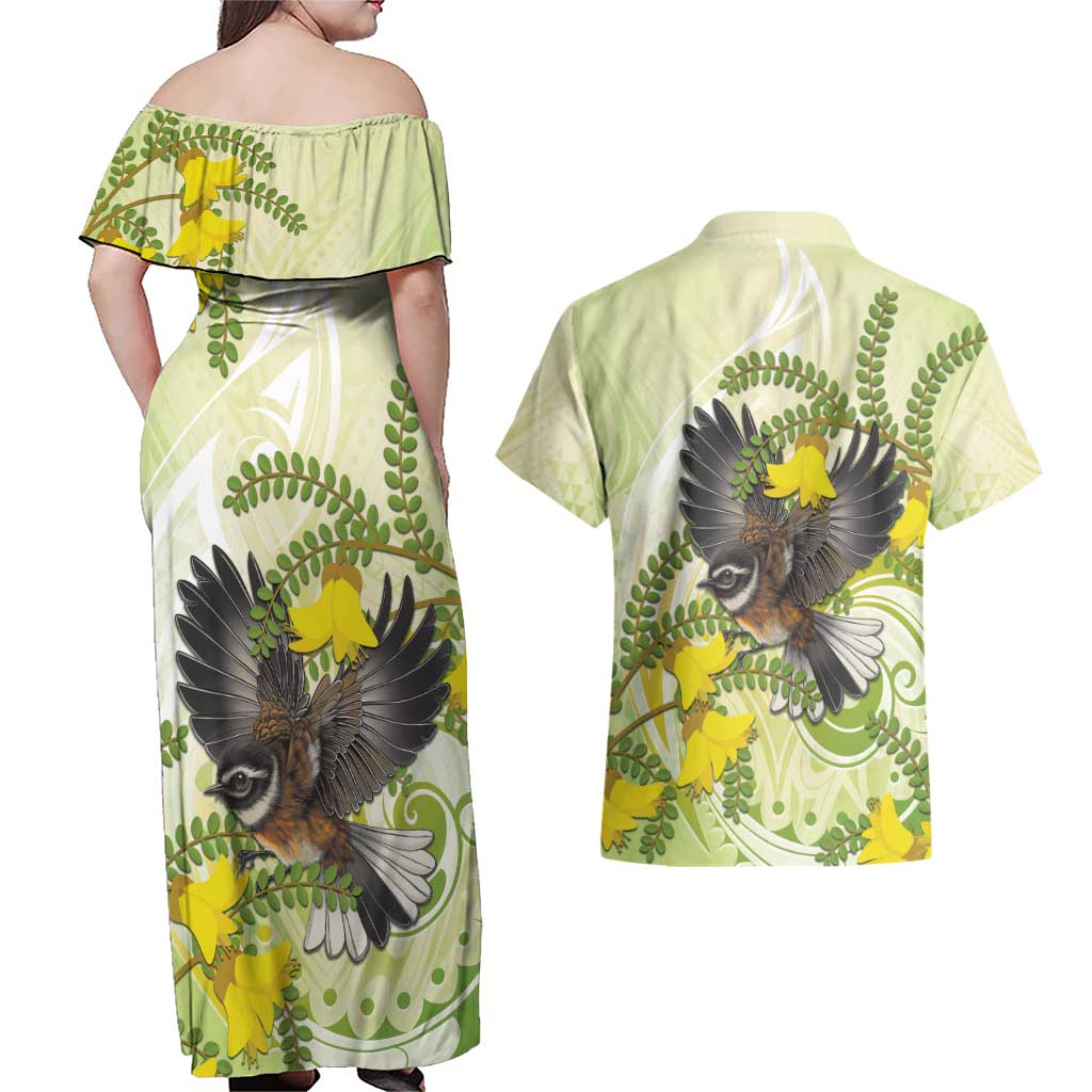 New Zealand Piwakawaka Fantail Bird Couples Matching Off Shoulder Maxi Dress and Hawaiian Shirt With Kowhai Flowers LT05 - Polynesian Pride