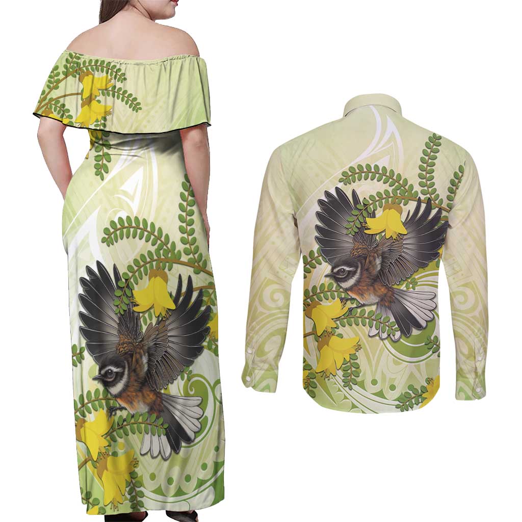 New Zealand Piwakawaka Fantail Bird Couples Matching Off Shoulder Maxi Dress and Long Sleeve Button Shirt With Kowhai Flowers LT05 - Polynesian Pride