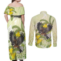 New Zealand Piwakawaka Fantail Bird Couples Matching Off Shoulder Maxi Dress and Long Sleeve Button Shirt With Kowhai Flowers LT05 - Polynesian Pride
