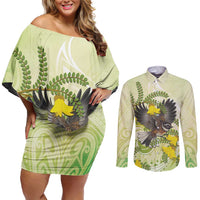 New Zealand Piwakawaka Fantail Bird Couples Matching Off Shoulder Short Dress and Long Sleeve Button Shirt With Kowhai Flowers LT05 Green - Polynesian Pride