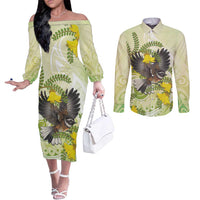 New Zealand Piwakawaka Fantail Bird Couples Matching Off The Shoulder Long Sleeve Dress and Long Sleeve Button Shirt With Kowhai Flowers LT05 Green - Polynesian Pride