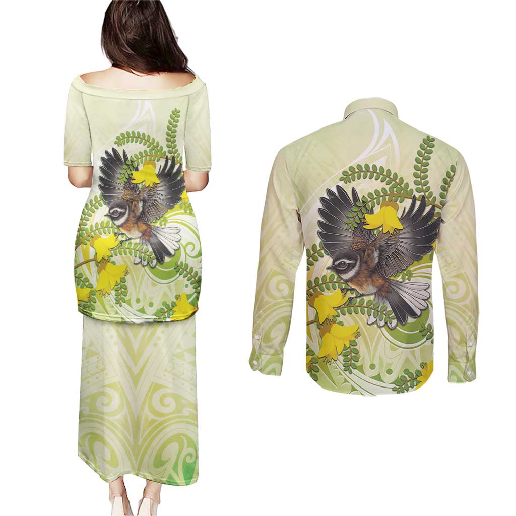New Zealand Piwakawaka Fantail Bird Couples Matching Puletasi and Long Sleeve Button Shirt With Kowhai Flowers LT05 - Polynesian Pride