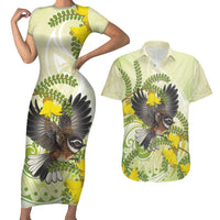 New Zealand Piwakawaka Fantail Bird Couples Matching Short Sleeve Bodycon Dress and Hawaiian Shirt With Kowhai Flowers LT05 Green - Polynesian Pride