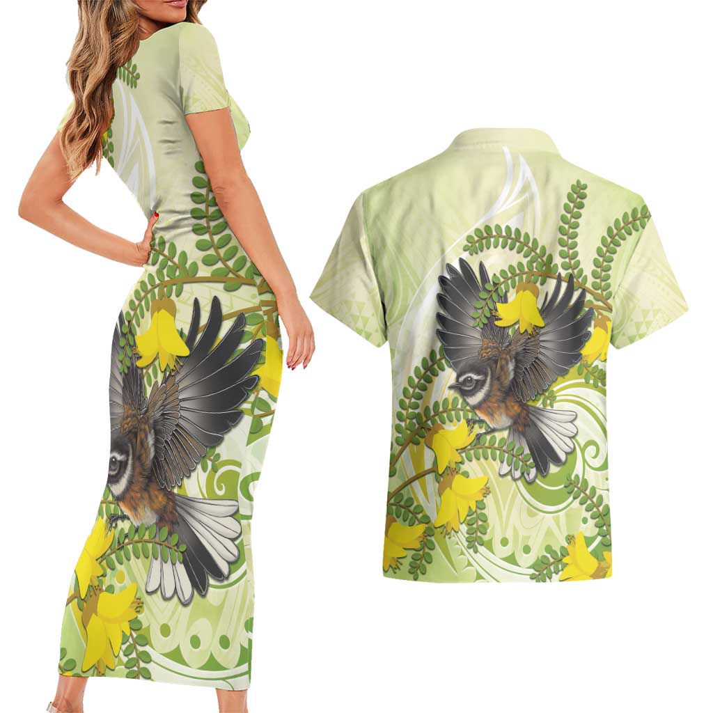 New Zealand Piwakawaka Fantail Bird Couples Matching Short Sleeve Bodycon Dress and Hawaiian Shirt With Kowhai Flowers LT05 - Polynesian Pride