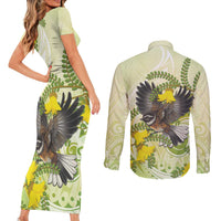 New Zealand Piwakawaka Fantail Bird Couples Matching Short Sleeve Bodycon Dress and Long Sleeve Button Shirt With Kowhai Flowers LT05 - Polynesian Pride