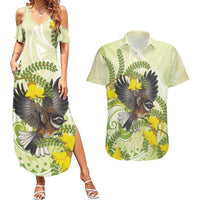 New Zealand Piwakawaka Fantail Bird Couples Matching Summer Maxi Dress and Hawaiian Shirt With Kowhai Flowers LT05 Green - Polynesian Pride