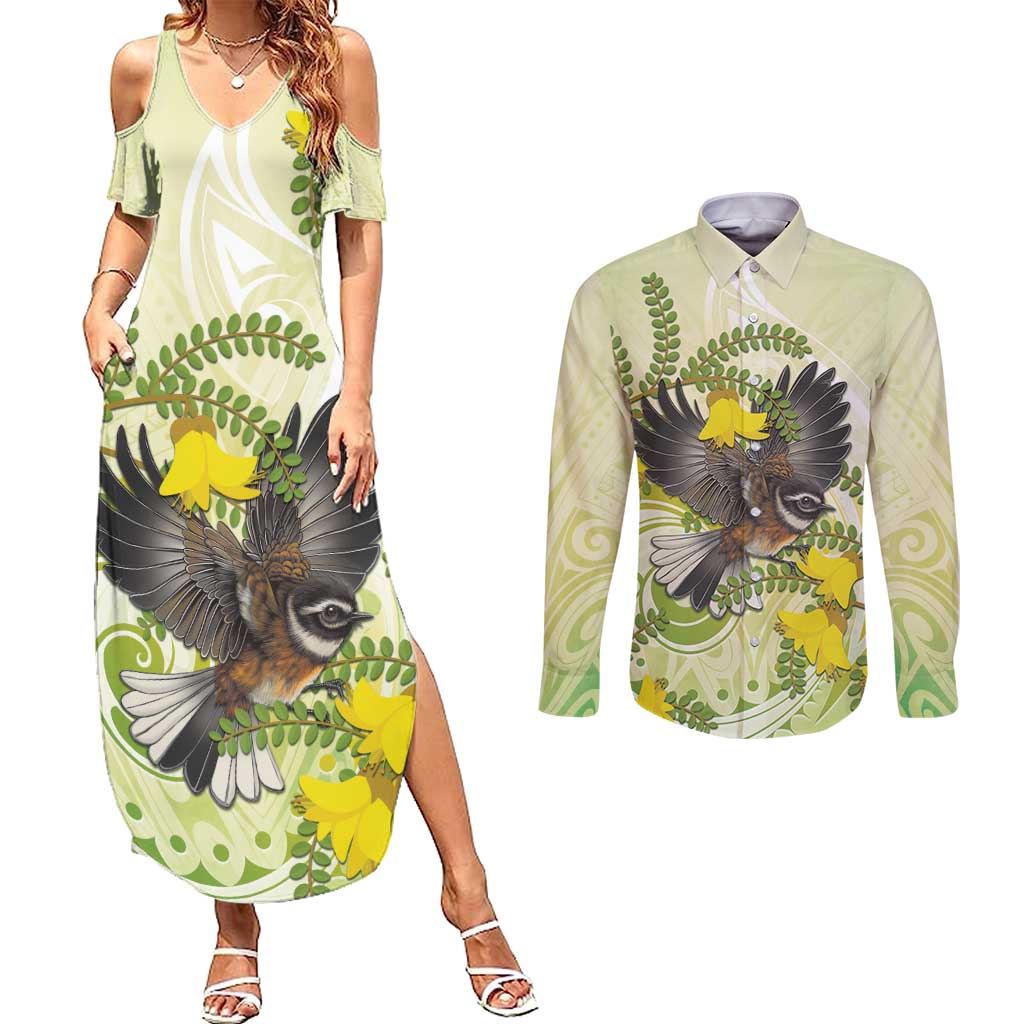 New Zealand Piwakawaka Fantail Bird Couples Matching Summer Maxi Dress and Long Sleeve Button Shirt With Kowhai Flowers LT05 Green - Polynesian Pride