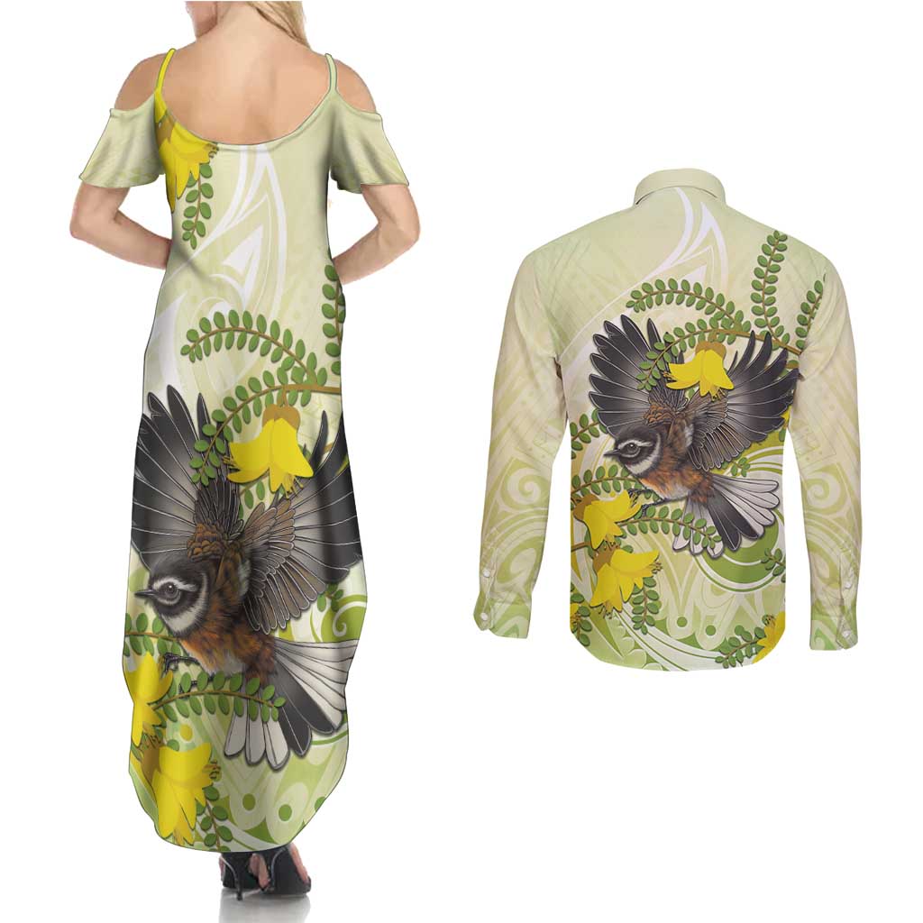 New Zealand Piwakawaka Fantail Bird Couples Matching Summer Maxi Dress and Long Sleeve Button Shirt With Kowhai Flowers LT05 - Polynesian Pride