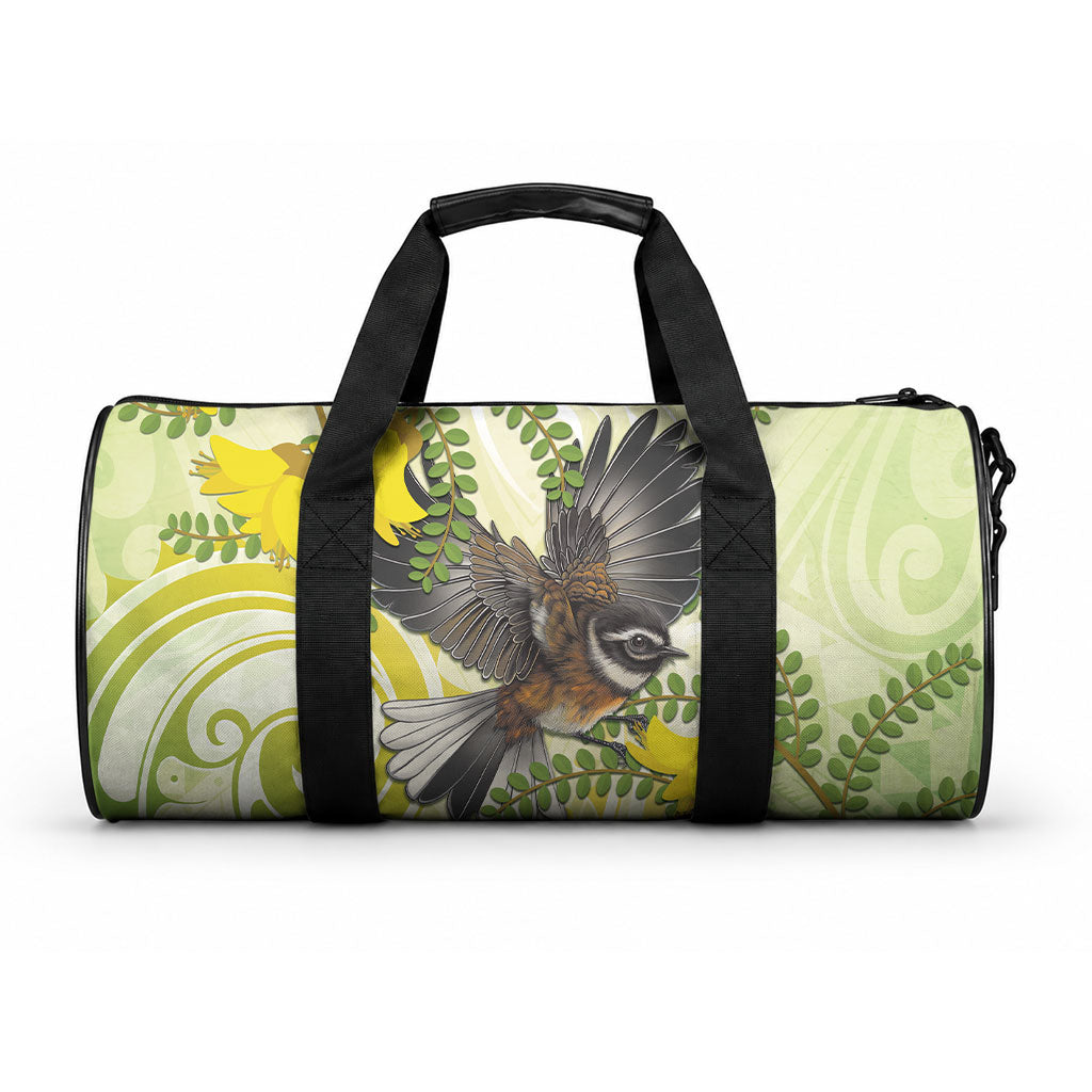 New Zealand Piwakawaka Fantail Bird Duffle Bag With Kowhai Flowers LT05 One size Green - Polynesian Pride