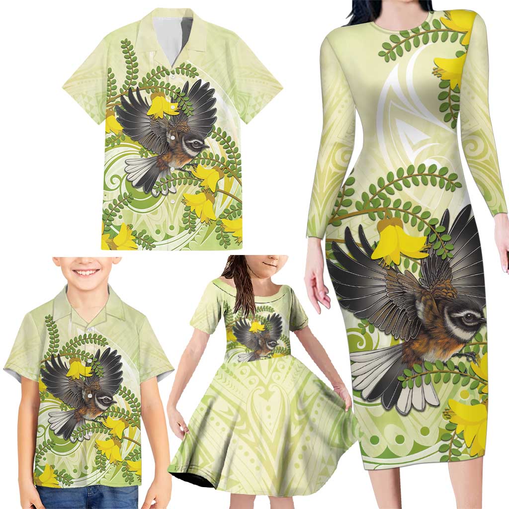 New Zealand Piwakawaka Fantail Bird Family Matching Long Sleeve Bodycon Dress and Hawaiian Shirt With Kowhai Flowers LT05 - Polynesian Pride