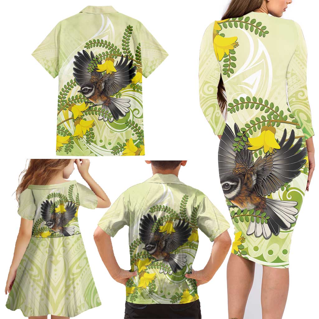 New Zealand Piwakawaka Fantail Bird Family Matching Long Sleeve Bodycon Dress and Hawaiian Shirt With Kowhai Flowers LT05 - Polynesian Pride