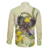New Zealand Piwakawaka Fantail Bird Family Matching Long Sleeve Bodycon Dress and Hawaiian Shirt With Kowhai Flowers LT05 - Polynesian Pride