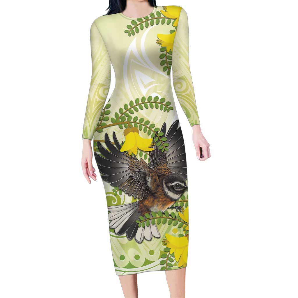 New Zealand Piwakawaka Fantail Bird Family Matching Long Sleeve Bodycon Dress and Hawaiian Shirt With Kowhai Flowers LT05 Mom's Dress Green - Polynesian Pride