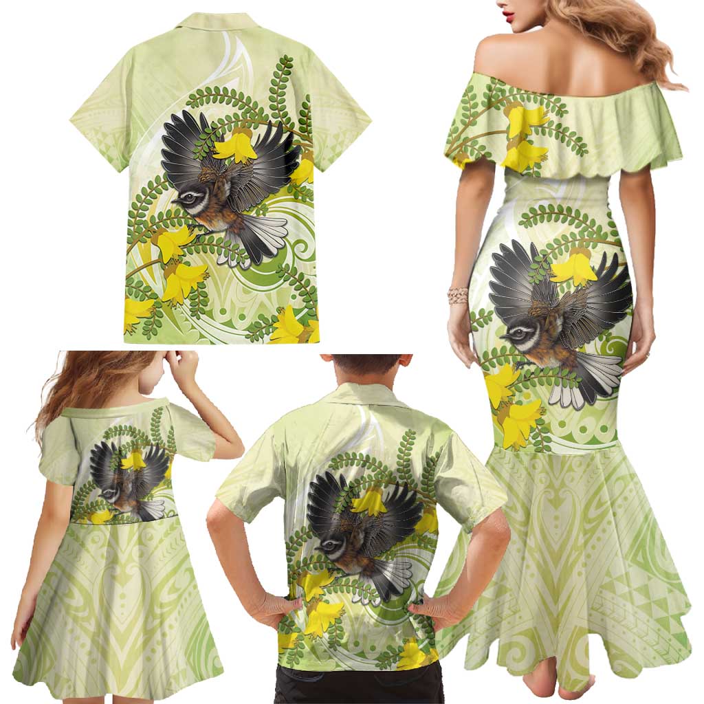 New Zealand Piwakawaka Fantail Bird Family Matching Mermaid Dress and Hawaiian Shirt With Kowhai Flowers LT05 - Polynesian Pride