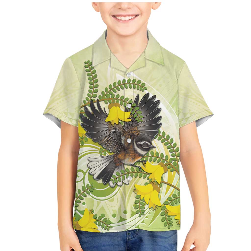 New Zealand Piwakawaka Fantail Bird Family Matching Mermaid Dress and Hawaiian Shirt With Kowhai Flowers LT05 Son's Shirt Green - Polynesian Pride