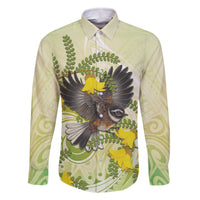 New Zealand Piwakawaka Fantail Bird Family Matching Off The Shoulder Long Sleeve Dress and Hawaiian Shirt With Kowhai Flowers LT05 Dad's Shirt - Long Sleeve Green - Polynesian Pride