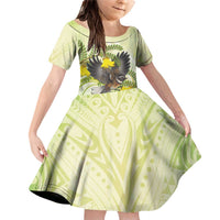 New Zealand Piwakawaka Fantail Bird Family Matching Off Shoulder Short Dress and Hawaiian Shirt With Kowhai Flowers LT05 Daughter's Dress Green - Polynesian Pride