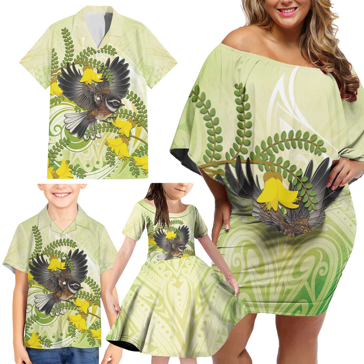 New Zealand Piwakawaka Fantail Bird Family Matching Off Shoulder Short Dress and Hawaiian Shirt With Kowhai Flowers LT05 - Polynesian Pride