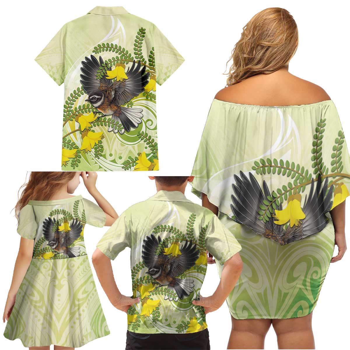 New Zealand Piwakawaka Fantail Bird Family Matching Off Shoulder Short Dress and Hawaiian Shirt With Kowhai Flowers LT05 - Polynesian Pride