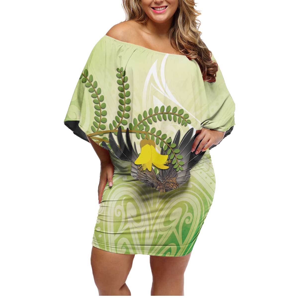 New Zealand Piwakawaka Fantail Bird Family Matching Off Shoulder Short Dress and Hawaiian Shirt With Kowhai Flowers LT05 Mom's Dress Green - Polynesian Pride