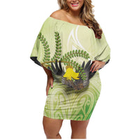 New Zealand Piwakawaka Fantail Bird Family Matching Off Shoulder Short Dress and Hawaiian Shirt With Kowhai Flowers LT05 Mom's Dress Green - Polynesian Pride