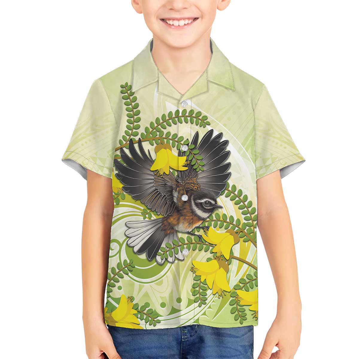 New Zealand Piwakawaka Fantail Bird Family Matching Off Shoulder Short Dress and Hawaiian Shirt With Kowhai Flowers LT05 Son's Shirt Green - Polynesian Pride