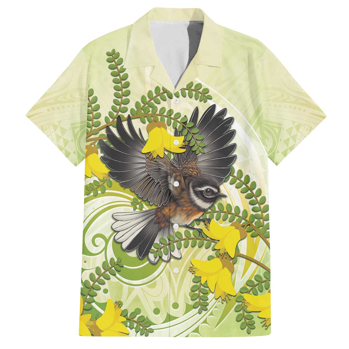 New Zealand Piwakawaka Fantail Bird Family Matching Puletasi and Hawaiian Shirt With Kowhai Flowers LT05 Dad's Shirt - Short Sleeve Green - Polynesian Pride