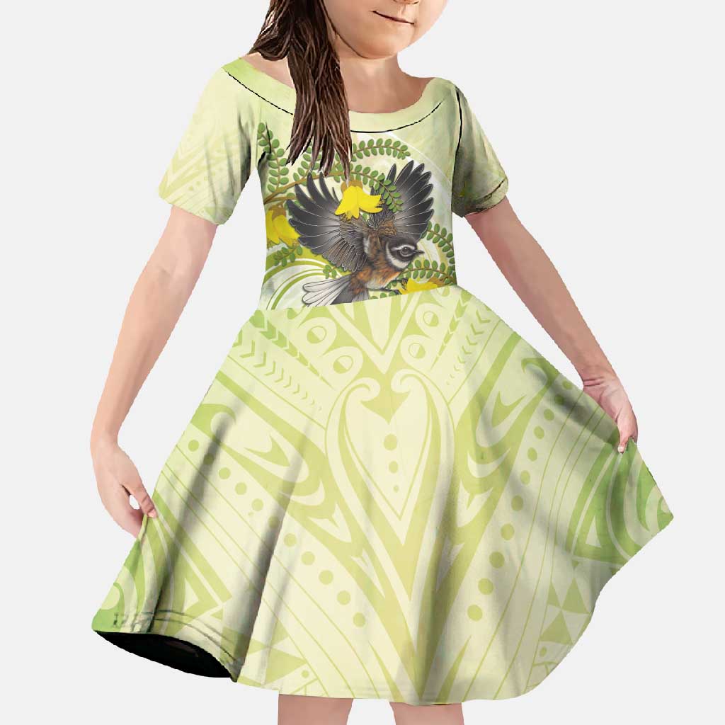 New Zealand Piwakawaka Fantail Bird Family Matching Tank Maxi Dress and Hawaiian Shirt With Kowhai Flowers LT05 Daughter's Dress Green - Polynesian Pride
