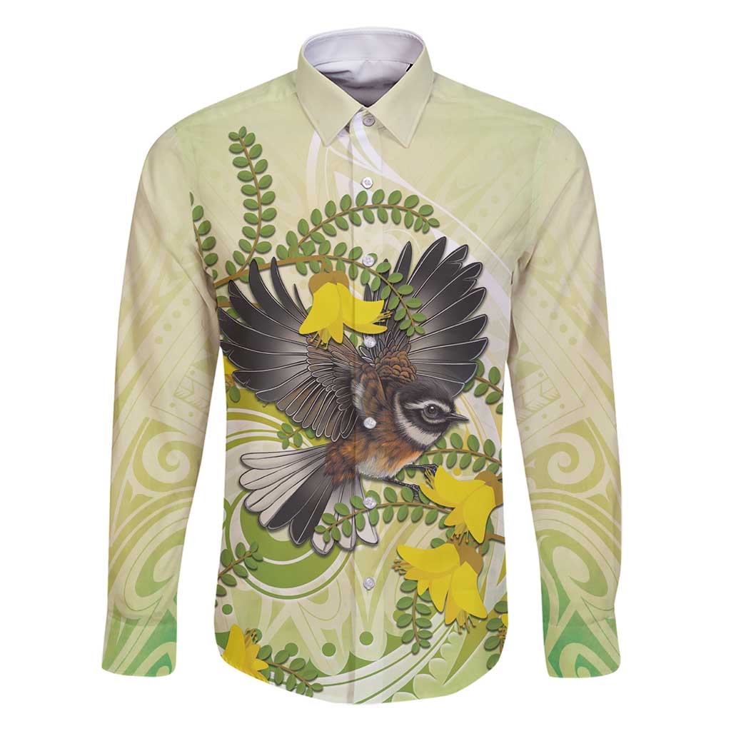 New Zealand Piwakawaka Fantail Bird Family Matching Tank Maxi Dress and Hawaiian Shirt With Kowhai Flowers LT05 Dad's Shirt - Long Sleeve Green - Polynesian Pride