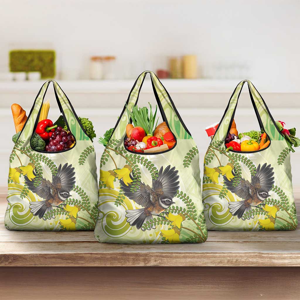 New Zealand Piwakawaka Fantail Bird Grocery Bag With Kowhai Flowers LT05 3-pack One Size Green - Polynesian Pride