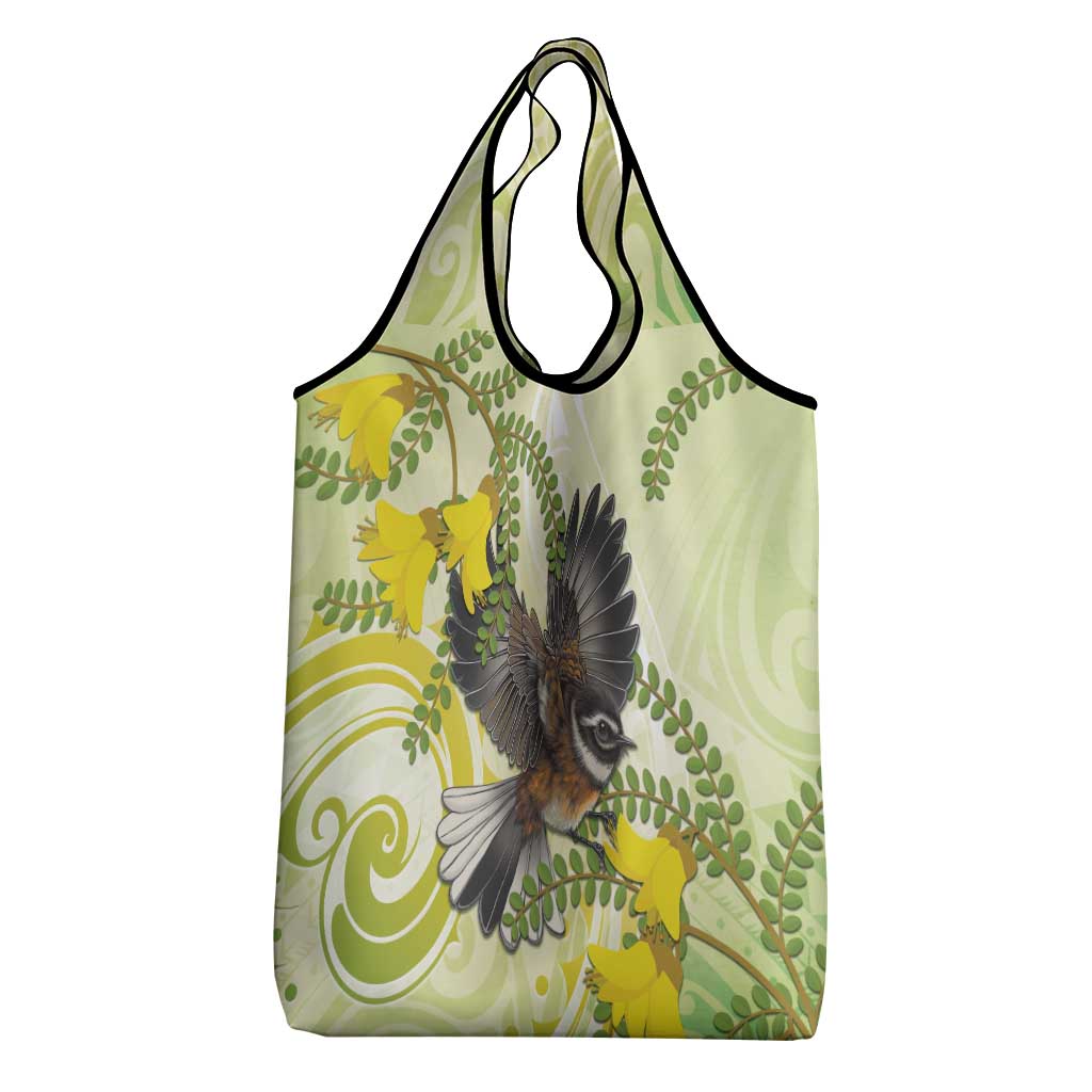 New Zealand Piwakawaka Fantail Bird Grocery Bag With Kowhai Flowers LT05 - Polynesian Pride