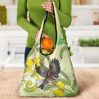 New Zealand Piwakawaka Fantail Bird Grocery Bag With Kowhai Flowers LT05 - Polynesian Pride