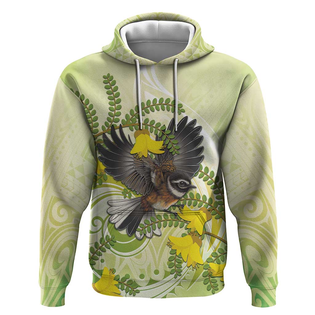 New Zealand Piwakawaka Fantail Bird Hoodie With Kowhai Flowers LT05 Pullover Hoodie Green - Polynesian Pride