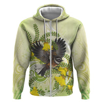 New Zealand Piwakawaka Fantail Bird Hoodie With Kowhai Flowers LT05 Zip Hoodie Green - Polynesian Pride