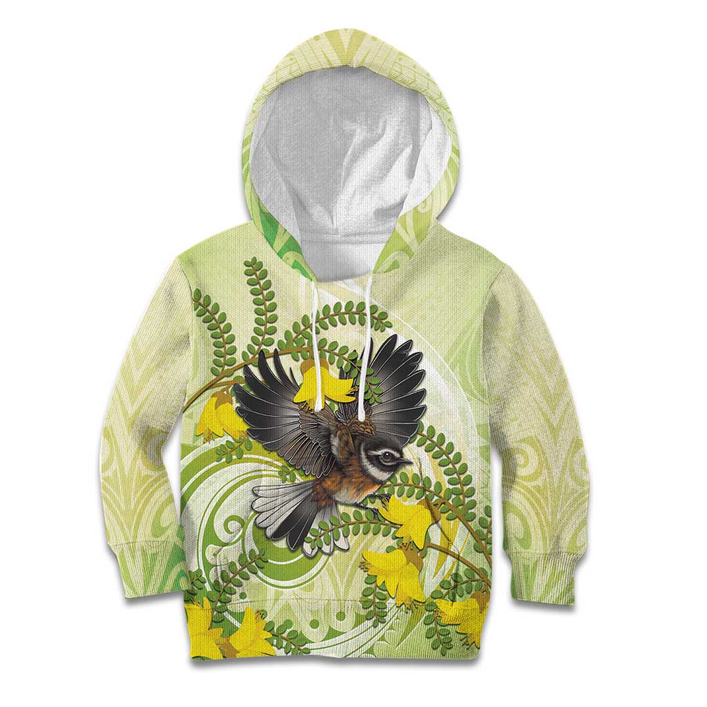 New Zealand Piwakawaka Fantail Bird Kid Hoodie With Kowhai Flowers LT05 Hoodie Green - Polynesian Pride