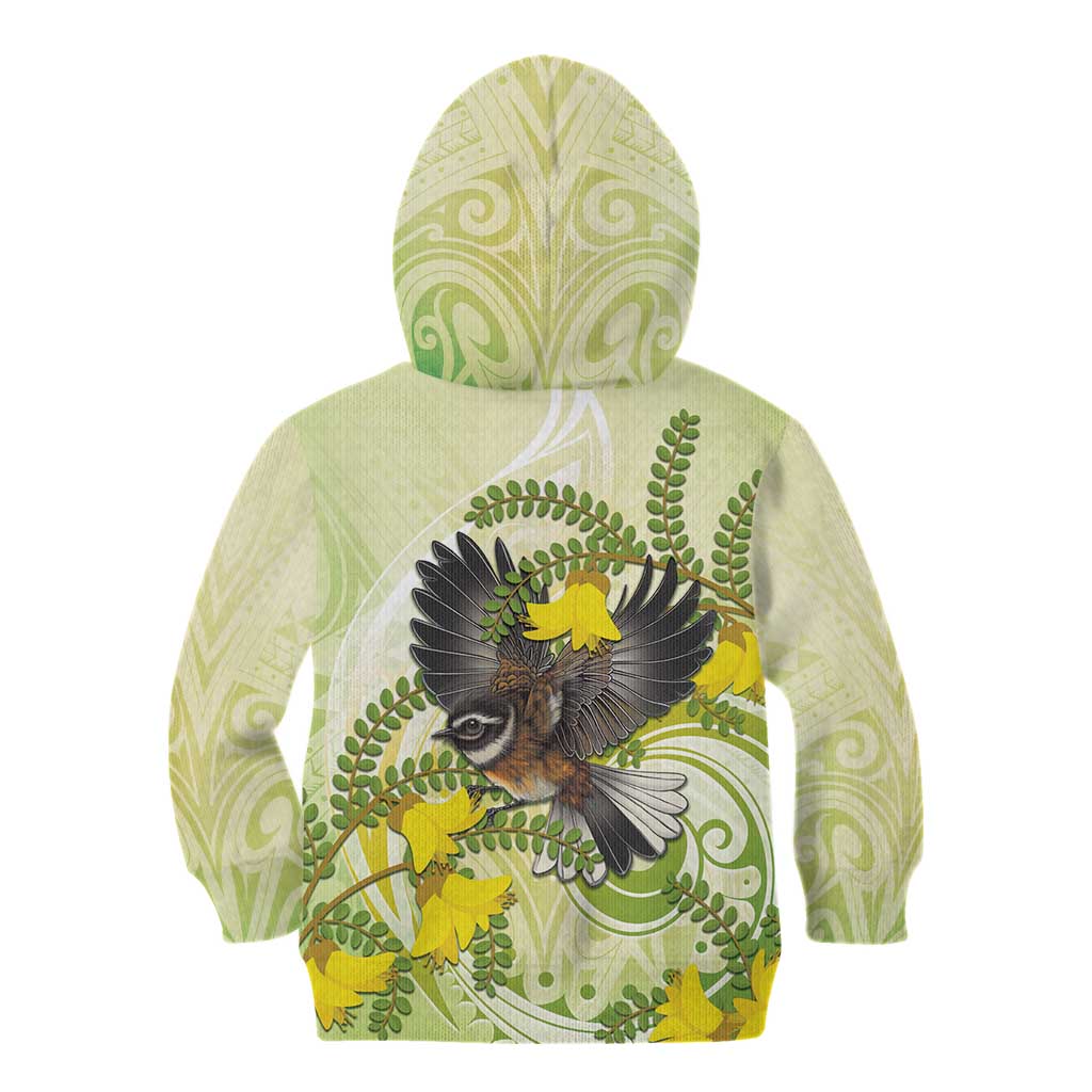New Zealand Piwakawaka Fantail Bird Kid Hoodie With Kowhai Flowers LT05 - Polynesian Pride